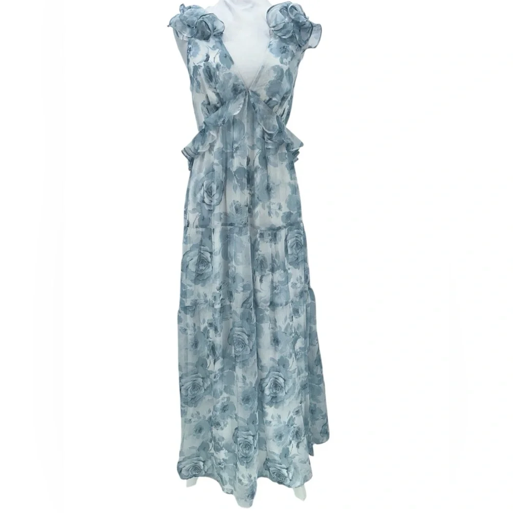 New AQUA Ruffle Trim Maxi Dress - Exclusive, Size Medium, Floral Dress - Picture 5 of 14
